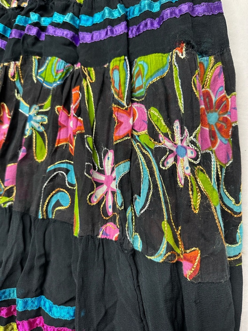 VTG Silver Dream Boho Tiered Ribbon Floral Maxi Skirt One Size - Picture 2 of 6